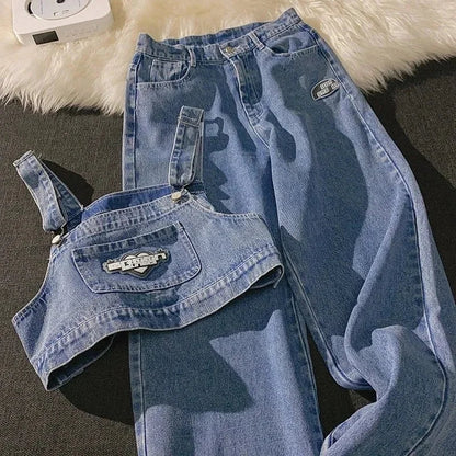 vmtvr Women Summer Denim 2 Piece Set Strapless Sling Design  Sleeveless Short Tops and Loose Wide Leg Jeans Streetwear Two Piece Suits