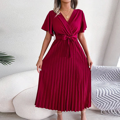 vmtvr Elegant Deep V-neck Short Sleeve Party Dress 2024 Summer Casual Solid Color Maxi Dress Women Fashion Pleated Long Dress Vestidos