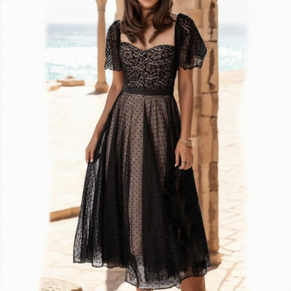 High Waist Vintage Square Collars Tulle Long Dress Summer Women Sexy Short Sleeve Long Dresses Elegant Party Evening Midi Dress