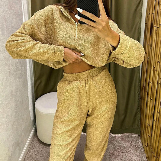 vmtvr Sportwear Zip Cropped Sweatshirt&Pants Outfits Women Casual Long Sleeve 2Pcs Autumn Winter Suit Elegant Solid Fleece Tracksuit