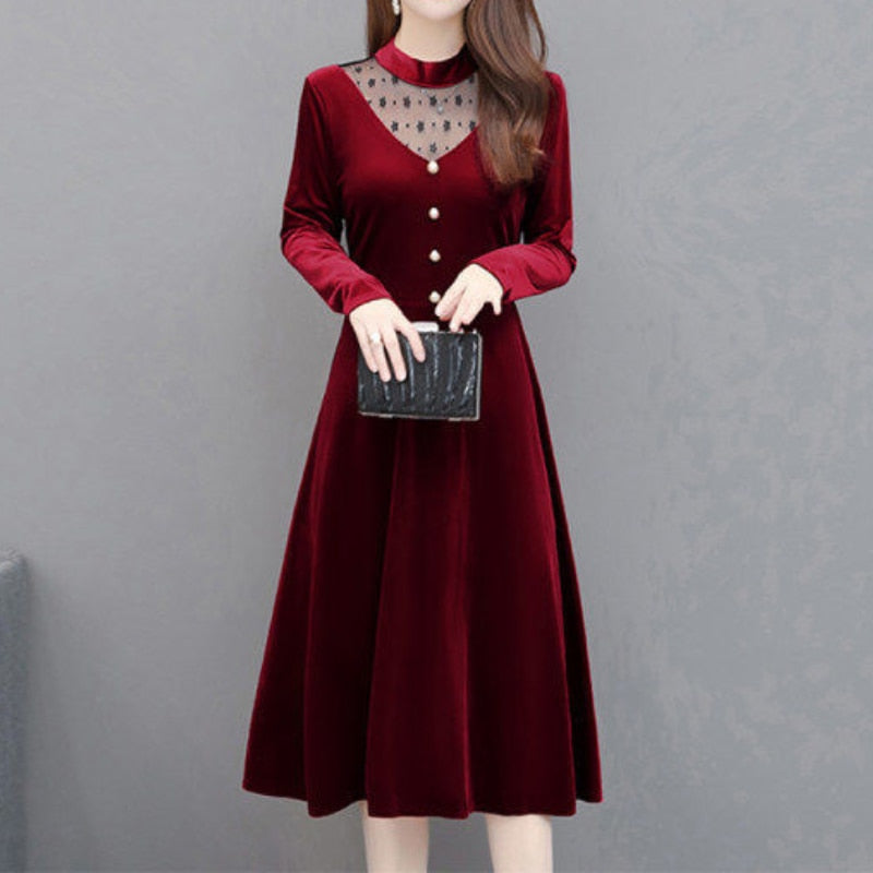 Women Autumn Winter Velvet A-Line Dress Office Lady Long Sleeve Party Lace Patchwork Midi Dresses Casual Elegant Vesitos Female