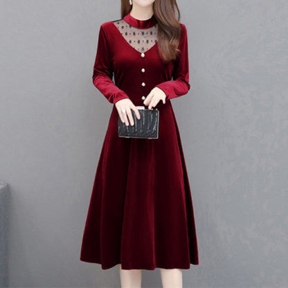 Women Autumn Winter Velvet A-Line Dress Office Lady Long Sleeve Party Lace Patchwork Midi Dresses Casual Elegant Vesitos Female