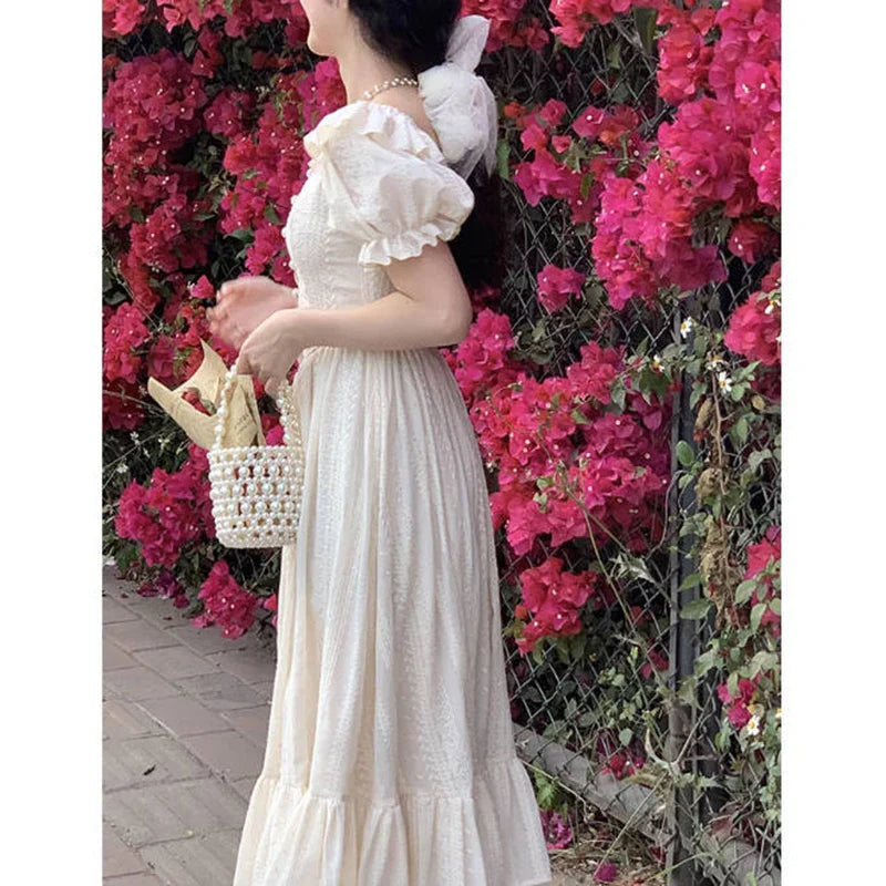 Elegant Square Collar White Dress Summer Fashion Puff Sleeve Ruffle Dress for Women 2024 Chic Vintage Maxi Dresses 2024  New