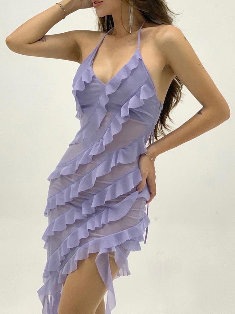 Sexy Ruffles Backless Mini Dresses 2023 Women Elegant Fashion Mesh Tassel Slim Party Dress Purple Sleeveless Evening Club Dress