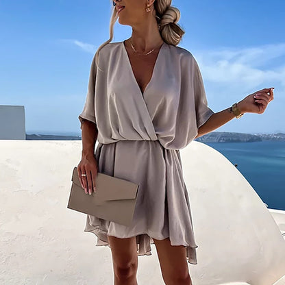 Sexy V Neck Dresses For Women Elegant Short Sleeve Solid A-line Loose Mini Dress Women Casual Beach Party Dress Boho