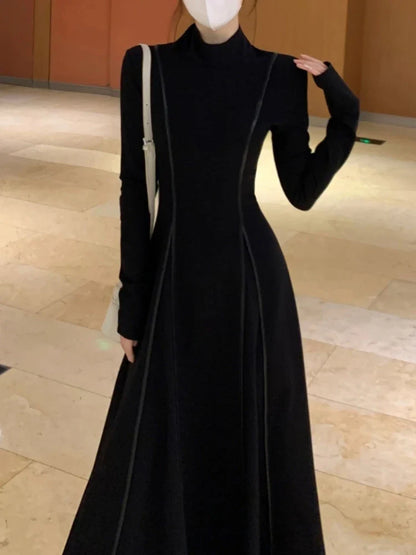 vmtvr Women Elegant Casual Long Sleeve Dress Autumn Black Vintage Solid Chic Holiday A-Line Party Dresses Female Fashion Vestidos Robe