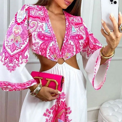 Women Maxi Dress Casual Long Sleeve V Neck Cutout Open Waist Retro Print Beach Party Dresses High Streetwear