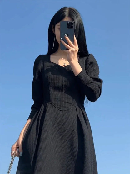 vmtvr  -  Vintage Black Midi Dresses for Women Spring Autumn Square Neck Long Sleeve Elegant Party Red Female Clothing Korean Fashion