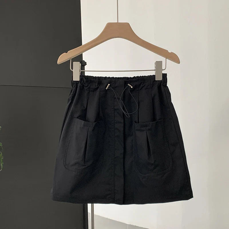 vmtvr High Waist Women Cargo Skirts Korean Fashion Drawstring Streetwear Mini Skirts Summer Casual Female Pocket A Line Skirts