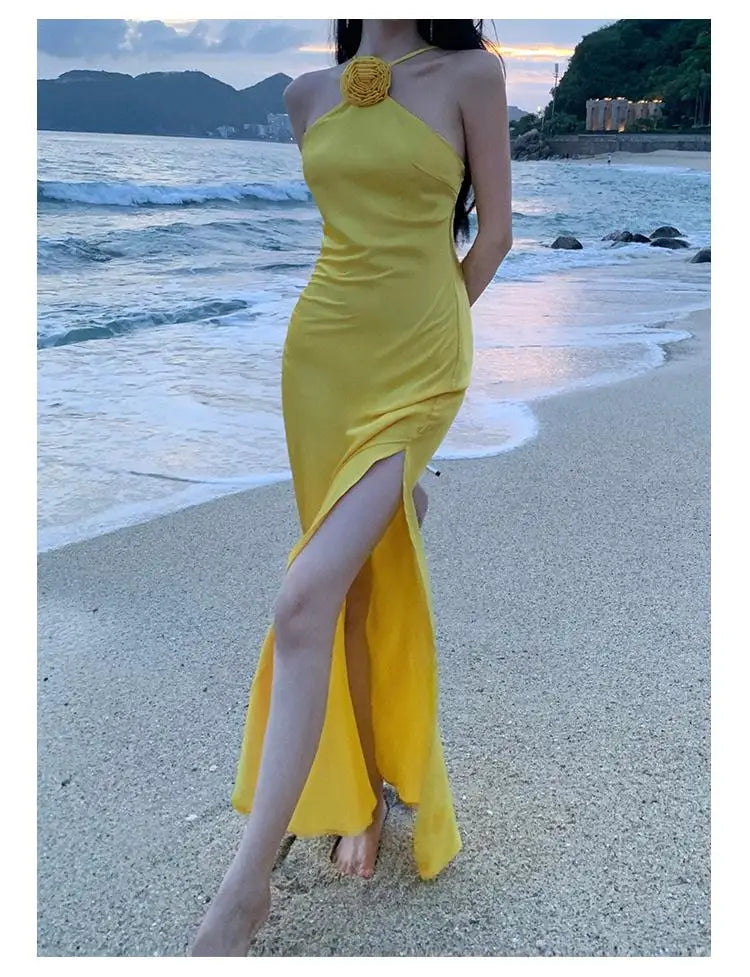 vmtvr Summer New Elegant Vintage Yellow Halter Long Dress For Women Birthday Party Backless Split Sundress Robe Clothing Vestidos