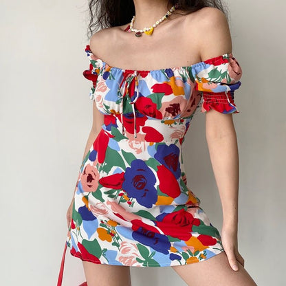 Y2k Floral Print Mini Dress Women Square Collar Puff Sleeve Summmer Skinny Slim Party High Waist Vintage Dresses 2023