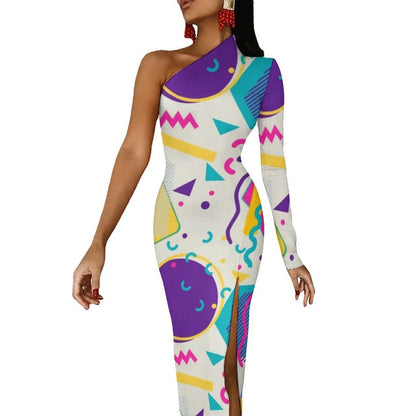 Memphis Retro Maxi Dress Long Sleeve Geometric Colorful Cute Bodycon Dress High Slit Streetwear Long Dresses Print Vestido