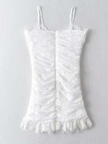 New Women Sleeveless White Sling Lace Dress Fashion Ladies Ruched Bodycon Mini Sexy Robe