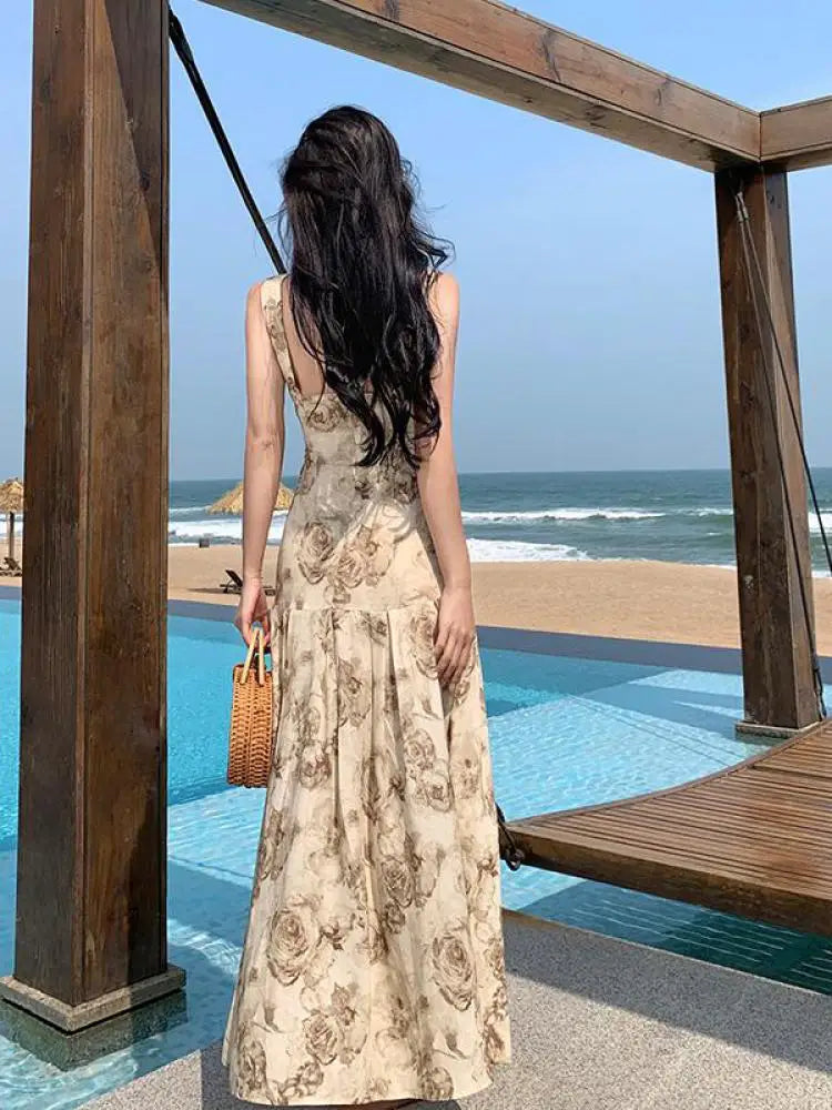 vmtvr Rose Floral Printing  Ruffles Slip Long Dresses Bohemian Backless Sleeveless Women Summer Beach Travel Party Wear Ladies Vintage