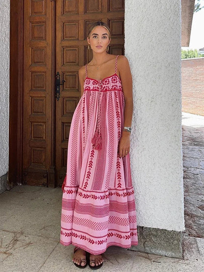 vmtvr   -  Crochet Bohemian Summer Dress for Women Spaghetti Strap Red Vintage Tassel Beach Dress Maxi Long Casual Sundress Autumn