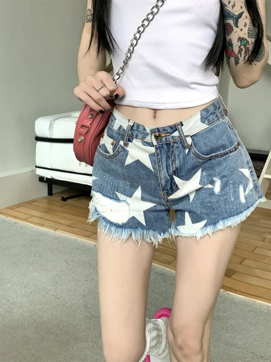 vmtvr Star Print Summer Denim Shorts Women Y2k Ripped Low Wasit Jean Shorts Female Streetwear American Retro Hotsweet Bottoms