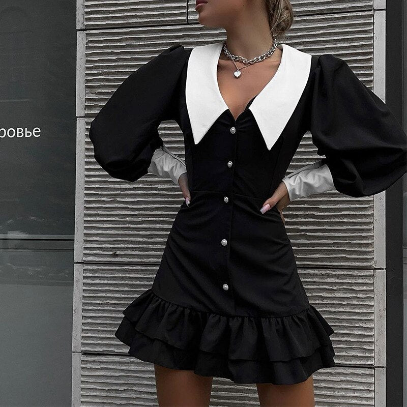 Spring Autumn Sexy V-neck Mini Dress Puff Sleeve Cascading Ruffles Slim Wrap Hip Nightclub Party A-line Skirt Lady Elegant Dress