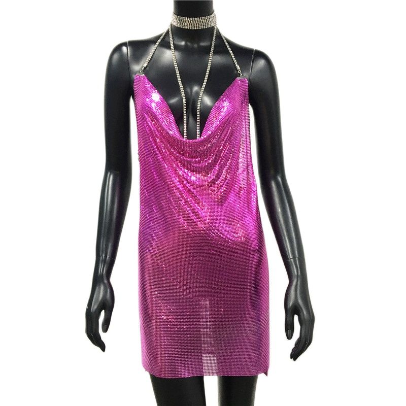 Sexy Gold Sequined Patchwork Mini Dress Women Sleeveless Low Cut Metal Chains Halter Slim Charming Nightclub Party Dresses