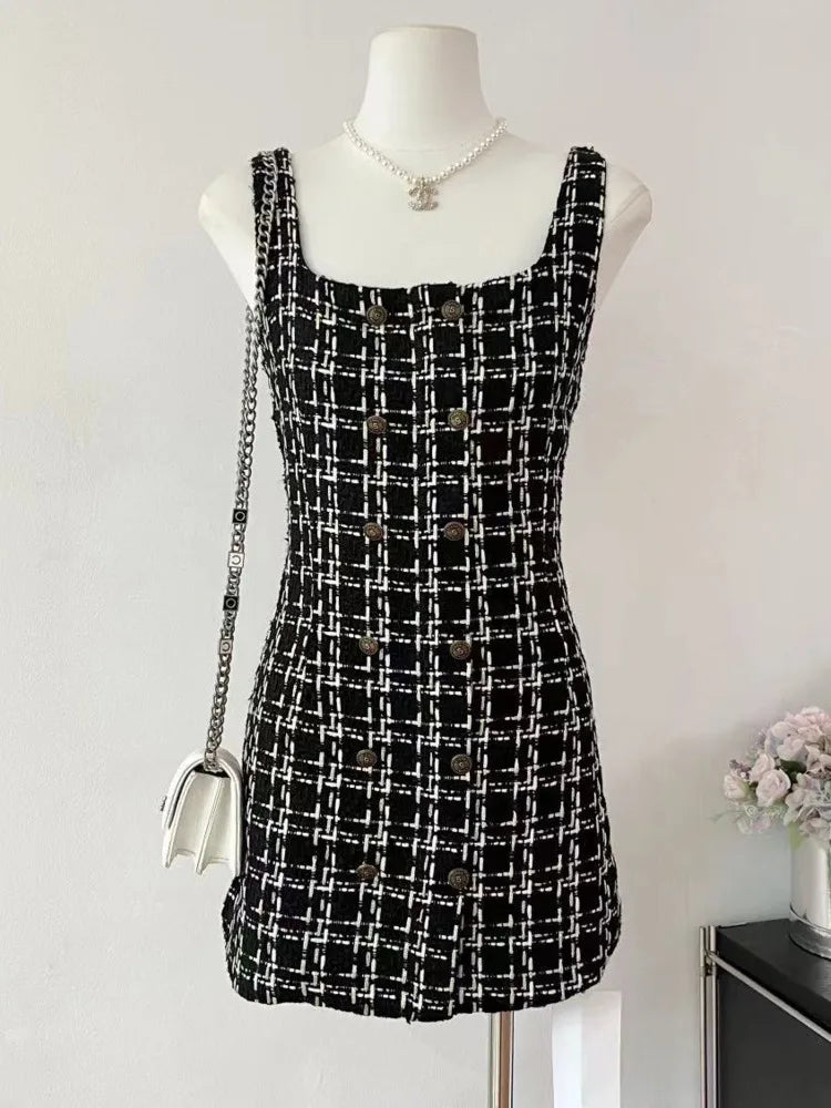 vmtvr  -  Small Fragrant Elegant Vest Dress Female Fashion Simple Korea Chic Birthday Party StrapSkirt Sweet Sexy Slim Tweed Dress Women ﻿