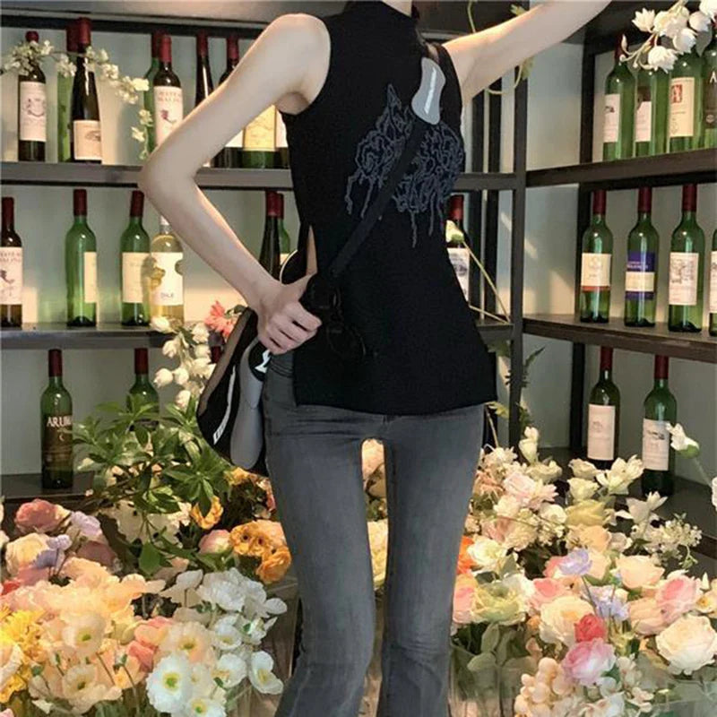 vmtvr Summer Fashion Printed T Shirts Women Casual Streetwear Slim Tops Y2K Female All Match Slit Sleeveless Tees