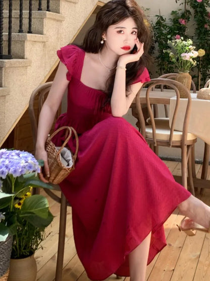 vmtvr Elegant Vintage Midi Dresses for Women Summer New Square Collar High Waist Princess Party Dress Casual A-line Vestido Mujer