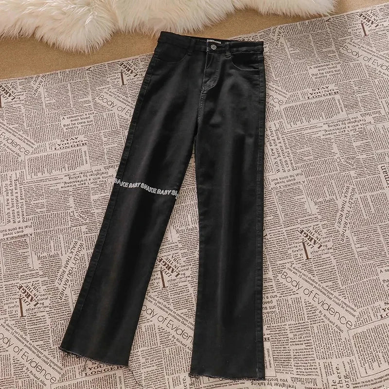 vmtvr Y2K Women Black Jeans Female Fashion Letter Print Loose Wide Leg Pants Summer All Match Streetwear Korean Denim Trousers