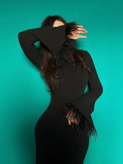 vmtvr - Casual Feather Patchwork Long Autumn Dress Streetwear Women Elegant Chic Autumn Winter Bodycon Evening Party Black Dresses 2023