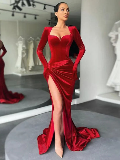 vmtvr  -  Luxury Pretty Women's Floor-length Evening Dress Autumn Winter Long Sleeve Gloves Tunics High Slit Long Maxi Party Prom Dresses