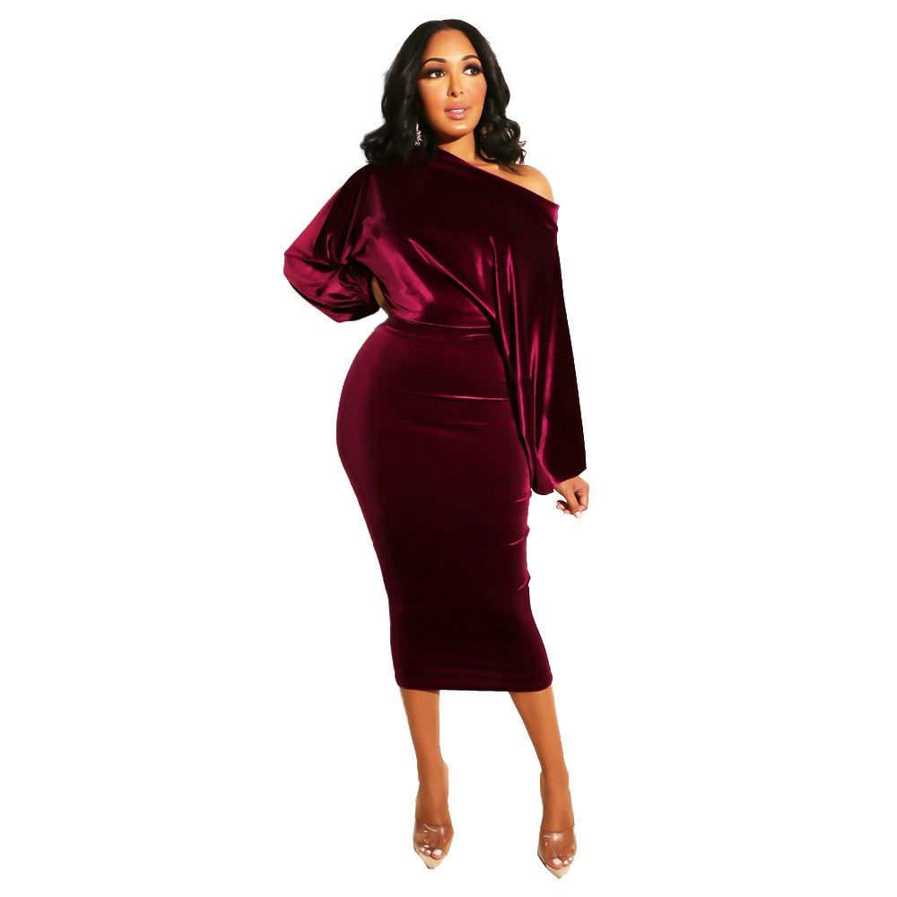 vmtvr - Autumn Elegant Velvet Evening Dress Women Sexy One Off Shoulder Long Sleeve Bodycon Party Midi Dress 2022 Winter Clothes