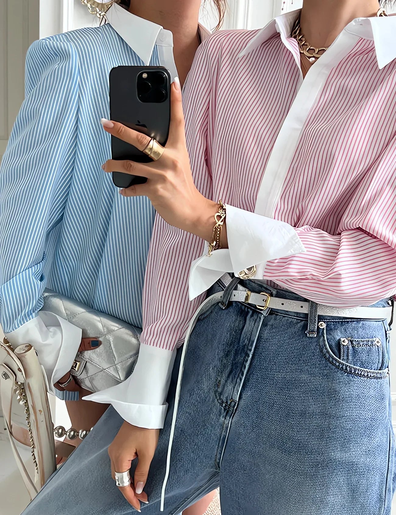 vmtvr Chic Casual Lapel Women Patchwork Striped Blouses Tops 2024 Spring Summer Long Sleeve Loose Single-breasted Female Shirts T906