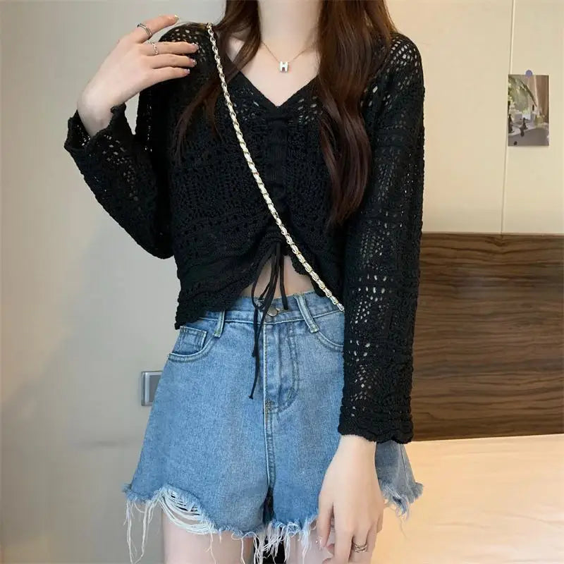 vmtvr Korean Simple Hollow Out Drawstring Knit Sweaters Women Spring Summer Solid V-Neck Lace Up Sweet and Spicy Sexy Design Short Top