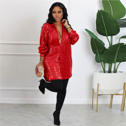 Women Fashion Elegant Turn-down Collar Mini Casual Loose Dress Oversize Long Sleeve Allover Sequin Shirt Dress