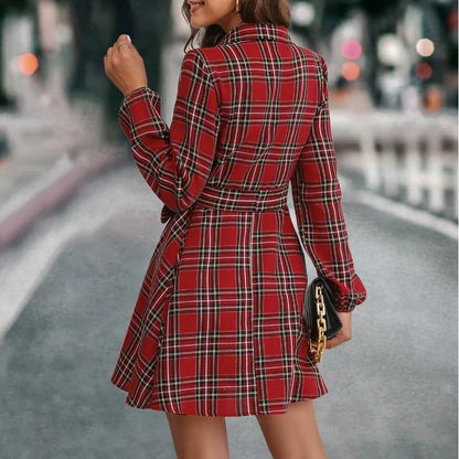 vmtvr  -  Autumn and Winter Women's Pullover Stand Neck Lantern Sleeves Color Bump Plaid Button Belt Shirt Loose Fashion Casual Dress