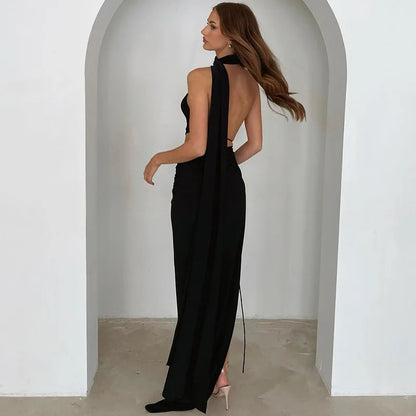 Fashion Sexy Cut Out Backless Maxi Dress Club Party Elegant Outfits Sleeveless Halter Asymmetrical Slit Dresses