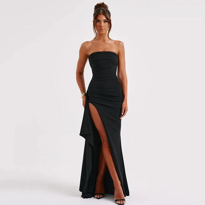 vmtvr Off Shoulder Elegant High Rise Split Maxi Dress Club Outfits for Women Sexy Strapless Evening Dresses Ruched Gown