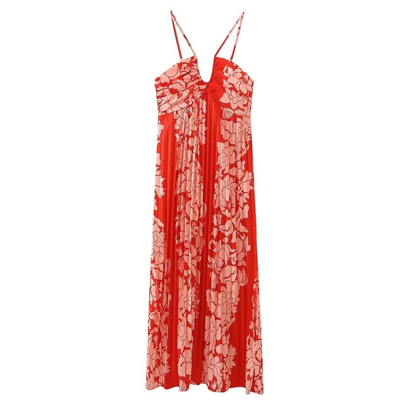 Sexy Printed Pleated Halter Maxi Dress Women Fashion Sleeveless Backless High Waist Dresses Summer Elegant Party Vacation Robe