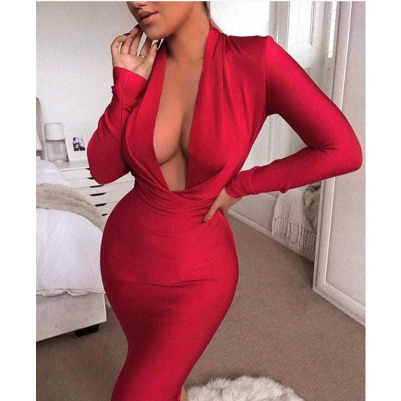 Winter Sexy V Neck Long Sleeve Women Bodycon Bandage Dress Celebrity Designer Evening Party Dress Vestido