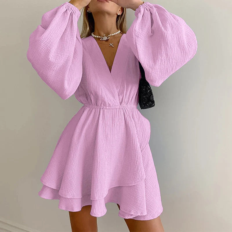 vmtvr Elegant V-neck Hight Waist A-Line Dress Spring Women Casual Lantern Long Sleeve Solid Mini Dress Fall Fashion Draped Party Dress