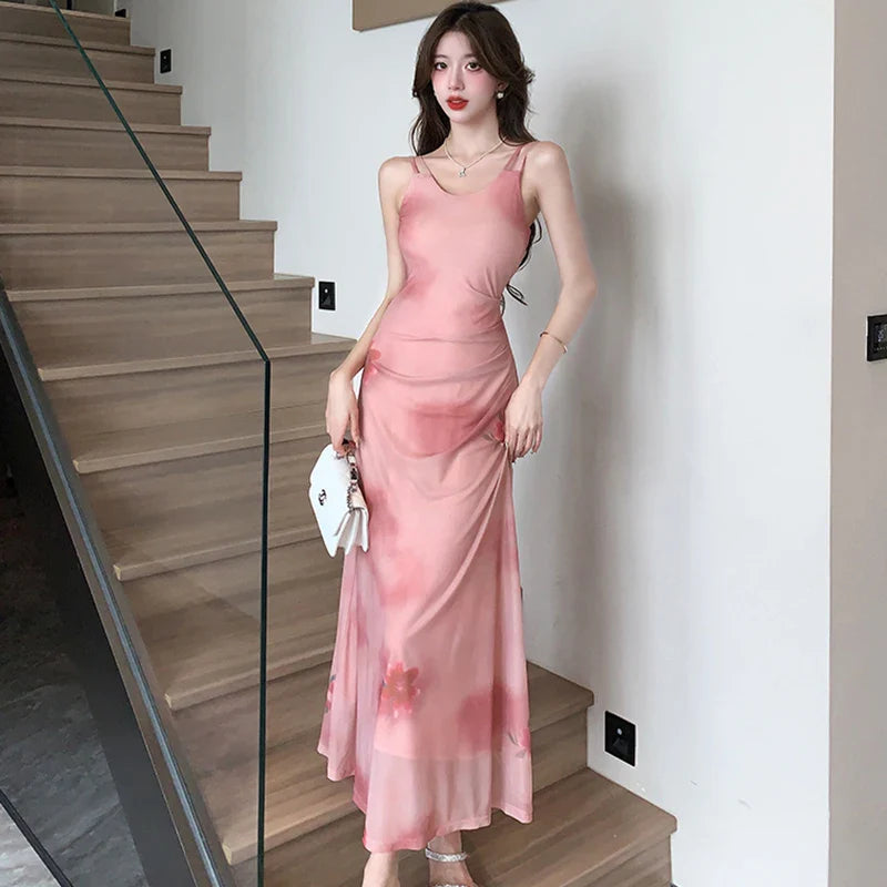 vmtvr 2024 Korean Vintage Luxury Dance Party Long Dress Summer Pink Floral Chif Sling Sexy Dresses Women Elegant Bodycon Vestidos Prom