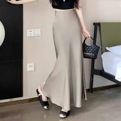 vmtvr Summer Satin Skirt 2024 Women's Long Skirt Silk High Waisted Slim Fashion Korean Solid Champagne Black Midi Skirts for Women