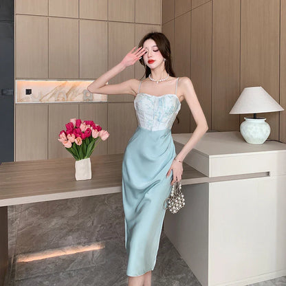 vmtvr Sexy Backless Midi Dresses for Women Summer Elegant Party Prom Suspender Female Clothes Vestidos Satin Embroidery Evening Dress