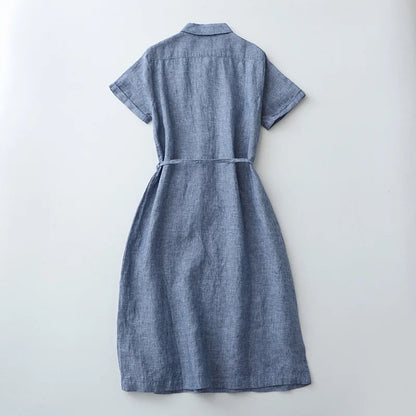 vmtvr  -  Linen Dress with Shirt Neckline - Women's Spring/Summer Basic Tee - Comfortable Cotton-Linen Blend, Essential Dress Style