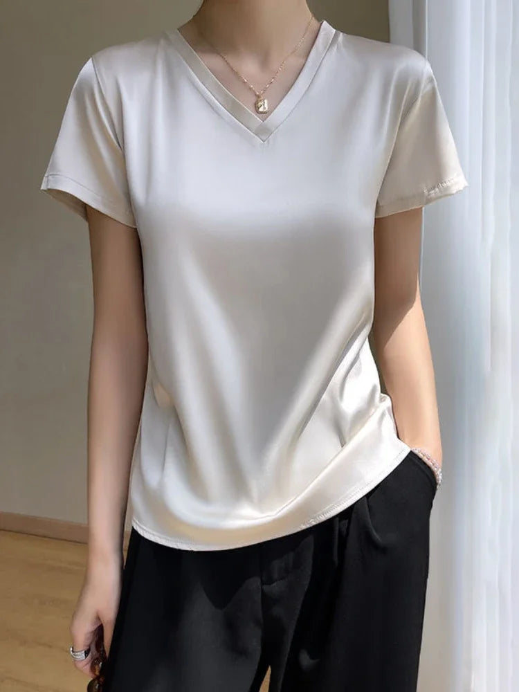 vmtvr Summer Women's T-shirt Korean Fashion Satin V-neck Tees Short-sleeved Casual LOOSE Solid Champagne White Silk T-shirts Women