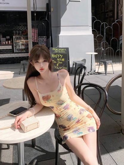 vmtvr 2000s Y2k Print Dress Women Sleeveless Beach Kawaii Japanese Mini Dress Even Party Chic Korean Fashion Crop Top Vest Summer