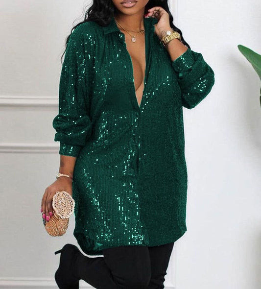 Women Fashion Elegant Turn-down Collar Mini Casual Loose Dress Oversize Long Sleeve Allover Sequin Shirt Dress