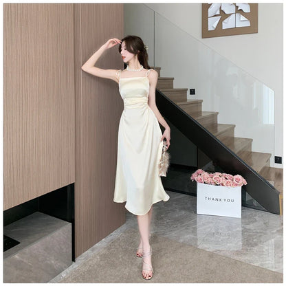 vmtvr  -  Summer Sexy Women Spaghetti Strap Elegant Midi Satin Dresses Wedding Evening Birthday Holiday Backless Prom Clothes New in Dress