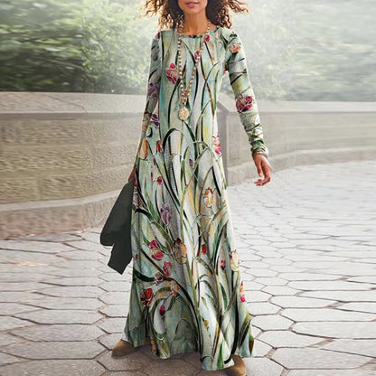 vmtvr  Spring Geometric Print Long Party Dress Women Elegant O Neck Office Maxi Dress Autumn Long Sleeve Hem Boho Lady Dress Mujer