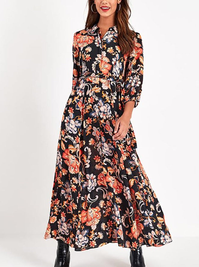 Vintage Floral Print Maxi Boho Three Quarter Sleeve Dress