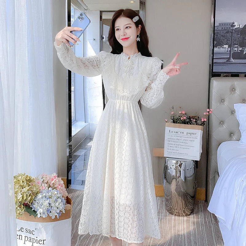 vmtvr Elegant Sweet Vintage Solid Lace Women Midi Dresses for New Autumn Fashion Long Sleeved Cute Party Birthday Fairy Dress