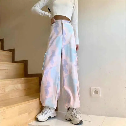 vmtvr Women Harajuku Tie Dye Cargo Pants Spring Summer New Korean Fashion Streetwear High Waist Loose Versatile Sports Casual Trousers